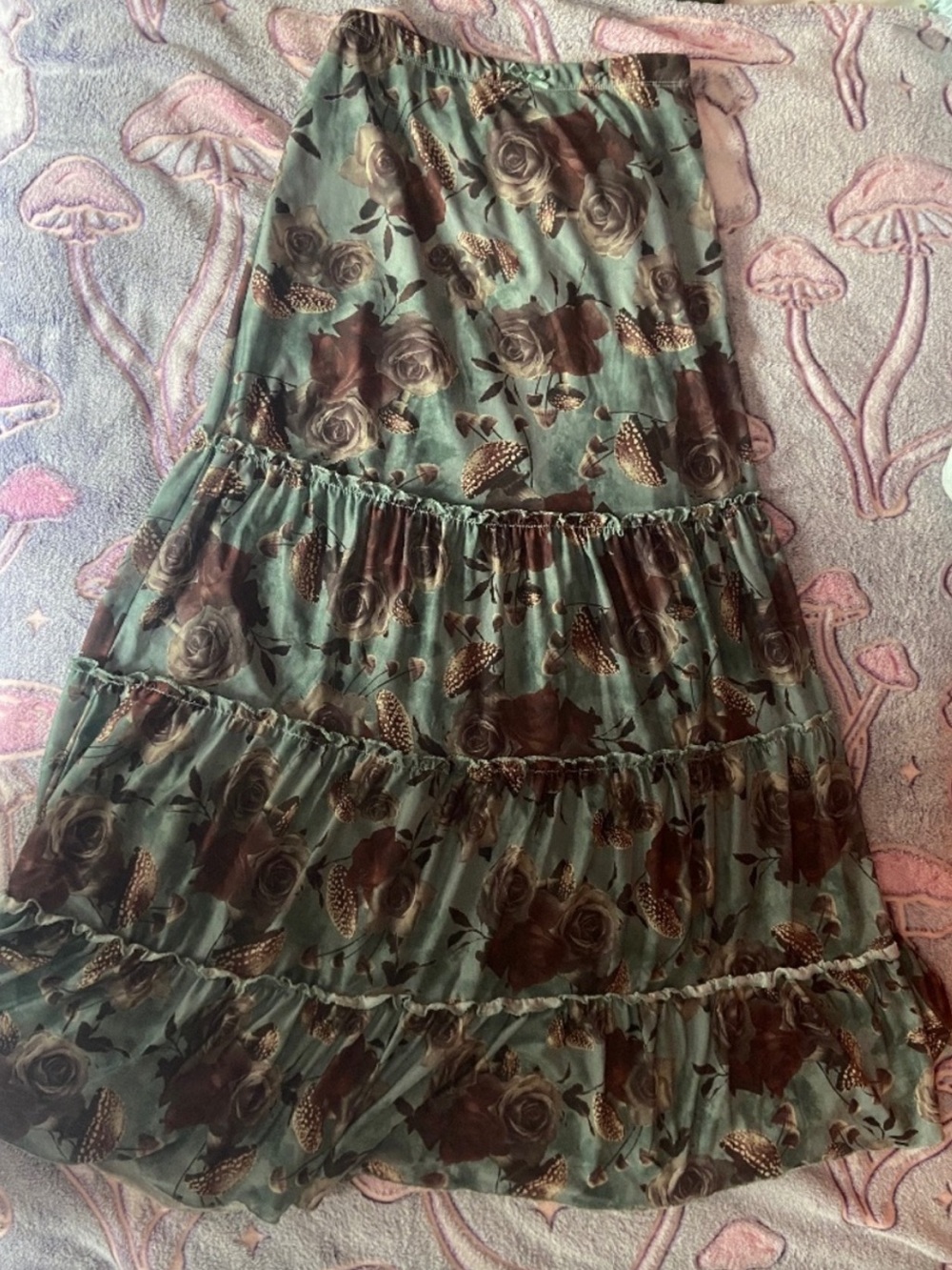Thorn & Fable Rose & Mushroom Tiered Mesh Maxi Skirt